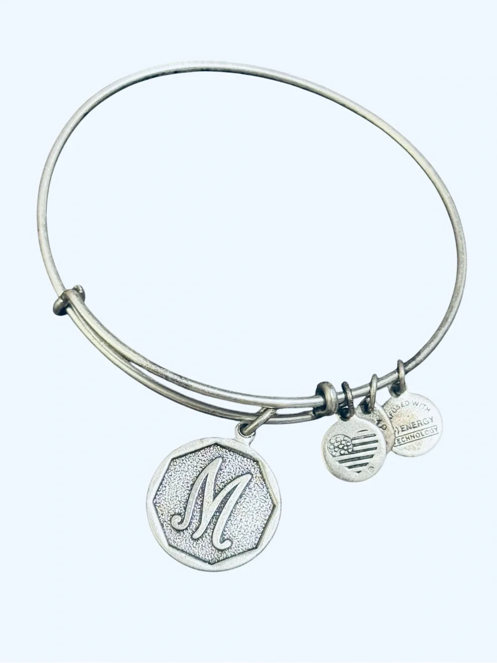 Alex and Ani Script Initial M Charm Expandable Wire Bangle Bracelet Silver